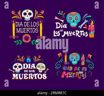 Giorno di vacanza messicana morta, carte vettoriali dia De Los Muertos calavera. Ossa scheletriche per le vacanze di Halloween in Messico, candele per le feste e marig Illustrazione Vettoriale
