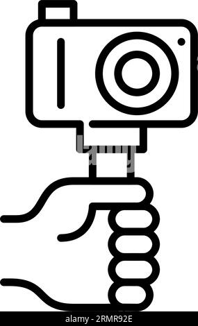Mano che regge una fotocamera su una levetta per selfie. Ripresa su film di vlog o contenuti di notizie. Pixel Perfect, tratto modificabile Illustrazione Vettoriale