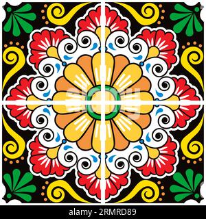 Set di piastrelle vettoriali messicane talavera - motivi colorati senza cuciture con fiori e vortici su sfondo nero Illustrazione Vettoriale