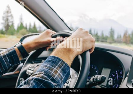 Primo piano delle mani maschili sul volante, viaggio su strada, vista dall'interno dell'auto Foto Stock