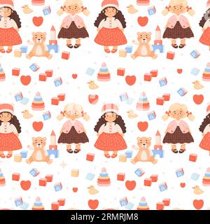 Simpatico motivo per bambini senza cuciture. Bambola carina con giocattoli per bambini, peluche orsacchiotto, cubetti e anatra su sfondo bianco. Illustrazione vettoriale nel cartone animato Illustrazione Vettoriale