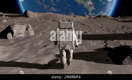 Astronauta lunare in Space Suit Walking on the Moon. Il pianeta Terra è visibile. rendering 3d. Foto Stock