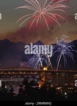 Un team statunitense mostra fuochi d'artificio durante la 24th, annuale Celebration of Light presso la English Bay di Vancouver, Canada, il 26 luglio 2014. La Celebration of Light ha attirato quasi 400.000 spettatori lungo la English Bay quest'anno, con la partecipazione di squadre provenienti da Stati Uniti, Francia e Giappone in competizione per il campione. (Xinhua/Liang Sen) CANADA-VANCOUVER-FIREWORKS PUBLICATIONxNOTxINxCHN un team statunitense mostra fuochi d'artificio durante la 24a celebrazione annuale della luce ALLA English Bay di Vancouver Canada luglio 26 2014 la celebrazione della luce ha attirato parrocchiani 400 000 spettatori lungo l'inglese Foto Stock