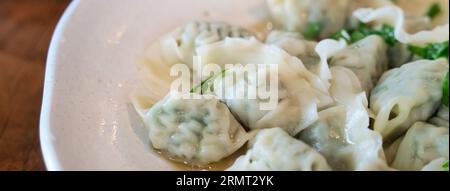 Gnocchi di erba cipollina freschi e deliziosi con cipolle verdi, jiaozi in piatto bianco su fondo di legno. Foto Stock