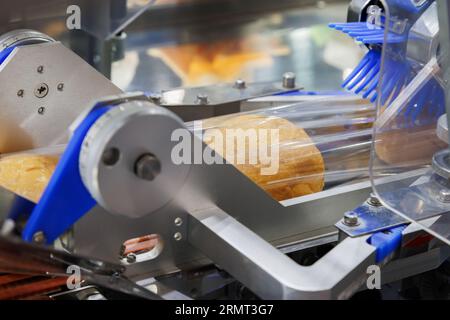 il pane cotto in sacchetto di plastica alimentare sul nastro trasportatore si sposta per sigillare nella macchina di imballaggio presso la linea di produzione della fabbrica di prodotti da forno. Foto Stock