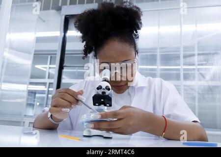 Africano medico studente scienziato guardando microscopio fa analisi virus test campione. giovane specialista di biotecnologia che lavora in laboratorio. sci medico Foto Stock