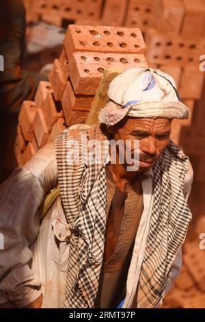 (140823) -- CAIRO, 23 agosto 2014 -- un operaio egiziano lavora in una fabbrica di mattoni alla periferia di Cairo, Egitto, il 18 agosto 2014. ) (Dzl) EGYPT-ECONOMY-BRICK WORKER AhmedxGomaa PUBLICATIONxNOTxINxCHN Cairo Aug 23 2014 a Egyptian Worker Works IN una fabbrica di mattoni ALLA periferia del Cairo Egitto IL 18 agosto 2014 dzl Egypt Economy Brick Worker PUBLICATIONxNOTxINxCHN Foto Stock