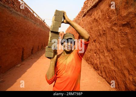 (140823) -- CAIRO, 23 agosto 2014 -- un operaio egiziano lavora in una fabbrica di mattoni alla periferia di Cairo, Egitto, il 18 agosto 2014. ) (Dzl) EGYPT-ECONOMY-BRICK WORKER AhmedxGomaa PUBLICATIONxNOTxINxCHN Cairo Aug 23 2014 a Egyptian Worker Works IN una fabbrica di mattoni ALLA periferia del Cairo Egitto IL 18 agosto 2014 dzl Egypt Economy Brick Worker PUBLICATIONxNOTxINxCHN Foto Stock