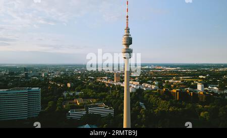 Aerial view cityscape Florianturm or Florian Tower telecommunications tower and Westfalenpark in Dortmund, Germany Stock Photo