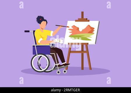 Disegno grafico piatto di una donna disabile in sedia a rotelle che dipinge il paesaggio su tela. Fisioterapia riabilitativa. Disabilità fisica, società r Foto Stock