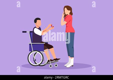 Personaggio persona disabile disegno stile piatto cartone animato. Un uomo romantico ha fatto una proposta a Pretty Girl, matrimonio. Famiglia felice. Un uomo positivo con un bisogno speciale Foto Stock