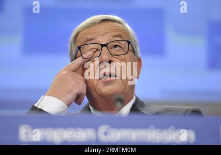 (140910) -- BRUXELLES, 10 settembre 2013 -- il neoeletto presidente della Commissione europea Jean-Claude Juncker tiene una conferenza stampa per annunciare l'attribuzione di portafogli di Commissari europei designati presso le sedi dell'UE a Bruxelles, in Belgio, 10 settembre 2014. La nuova commissione europea inizierà le sue attività il 1° novembre 2014. ) BELGIO-BRUXELLES-UE-JUNKER-COMMISSIONERS-RELEASE YexPingfan PUBLICATIONxNOTxINxCHN Bruxelles 10 settembre 2013 il neoeletto presidente della Commissione europea Jean Claude Juncker tiene una conferenza stampa per annunciare il of Portfolio of European Commissioners designate AT Foto Stock