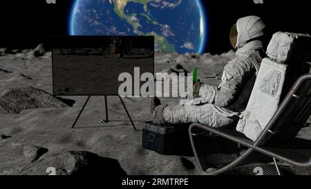 Rendering 3D. Astronauta lunare bere birra seduto in poltrona sulla superficie lunare, godendo di vista della Terra. Animazione CG. Elementi di questa immagine Foto Stock