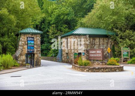 Chimney Rock, North Carolina, USA - August 11, 2023: Entrance to this beautiful and majestic North Carolina State Park. Stock Photo