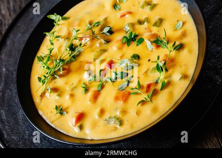 Zuppa di formaggio da birra con verdure e timo in una ciotola nera su un tavolo di legno scuro, primo piano Foto Stock