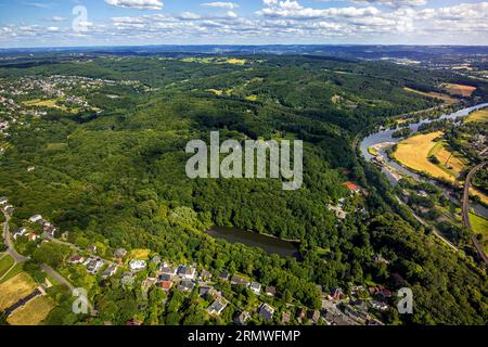 Vista aerea, stagno di martelli nell'area forestale di Hohenstein, fiume Ruhr e centrale idroelettrica di Hohenstein, Witten, regione della Ruhr, Renania settentrionale-Vestfalia, GE Foto Stock