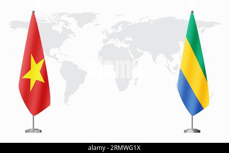 Vietnam e Gabon bandiere per un incontro ufficiale sullo sfondo della mappa mondiale. Illustrazione Vettoriale