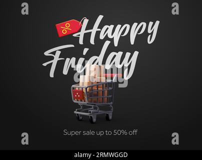 modello banner 3d happy black friday. Carrello con merci, icona scatole di carico con etichetta di prezzo. Grande evento promozionale. Offerta speciale. illustrazione vettoriale retail 3d. Illustrazione vettoriale Illustrazione Vettoriale