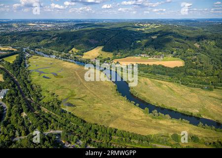 Vista aerea, NSG Ruhraue Gedern, prati e campi con il fiume Ruhr, la foresta di Ardey e le montagne di Ardey, Hof Haus Holte, Bommern, Witten, zona della Ruhr, né Foto Stock