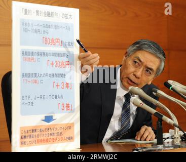 (141031) -- TOKYO, 31 ottobre 2014 -- Haruhiko Kuroda, governatore della Banca del Giappone (BOJ), partecipa a una conferenza stampa presso la sede della BOJ a Tokyo, Giappone, 31 ottobre 2014. BOJ ha deciso di acquistare titoli di Stato giapponesi da istituti finanziari in modo che le loro consistenze aumentino a un ritmo annuo di circa 80 trilioni di yen (731,28 miliardi di dollari). GIAPPONE-TOKYO-BOJ-CONFERENZA STAMPA Stringer PUBLICATIONxNOTxINxCHN Tokyo OCT 31 2014 Haruhiko Kuroda Governatore della Banca del Giappone BOJ partecipa a una conferenza stampa PRESSO LA sede centrale della BOJ a Tokyo Giappone OCT 31 2014 la BOJ ha deciso di acquistare il governo giapponese Foto Stock