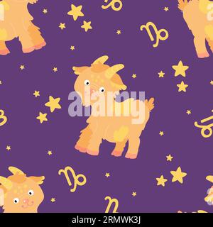 Simpatici segni zodiacali con Capricorno. Illustrazione vettoriale di tendenza disegnata a mano per bambini, stile piatto Illustrazione Vettoriale