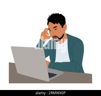 Uomo pensante seduto e scrivania con computer portatile. Illustrazione Vettoriale