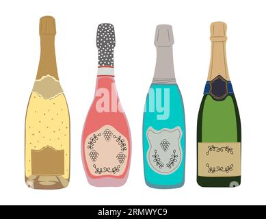 Set di diverse bottiglie di champagne isolate dal vettore Illustrazione Vettoriale