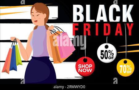 Personaggio femminile che tiene le borse della spesa, poster del Black friday Vector Illustrazione Vettoriale