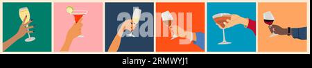 Set di diverse mani maschili e femminili che reggono il vetro. Illustrazione Vettoriale