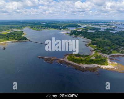 Dal porto di Little Harbor della foce del fiume Piscataqua alla vista aerea dell'Oceano Atlantico e dal sito storico statale di Fort Stark nella città di New Castle, New Hampshire, New Hampshire, Foto Stock