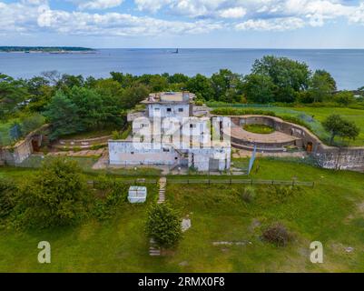 Fort Stark State Historic Site vista aerea in estate alla foce del fiume Piscataqua fino all'Oceano Atlantico a New Castle, New Hampshire, New Hampshire, USA. Foto Stock