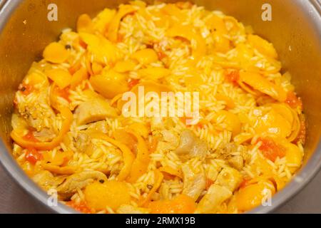 Tradizionale "Galinhada Goiana" a base di riso, pollo e pequi (caryocar di Brasilia). hoopoe di pequi Foto Stock