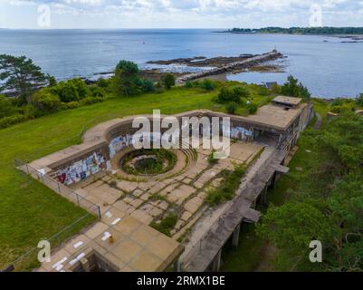 Fort Stark State Historic Site vista aerea in estate alla foce del fiume Piscataqua fino all'Oceano Atlantico a New Castle, New Hampshire, New Hampshire, USA. Foto Stock