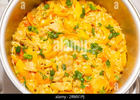 Tradizionale "Galinhada Goiana" a base di riso, pollo e pequi (caryocar di Brasilia). hoopoe di pequi Foto Stock