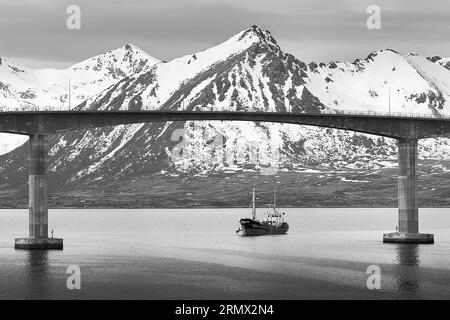 Foto in bianco e nero della draga di aspirazione del tubo flessibile di trascinamento, GERD STENSEN, dragaggio del canale di spedizione in acque profonde sotto il ponte di Andøy, Risøyhamn Foto Stock