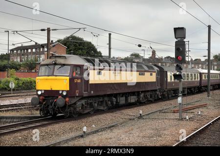 Heritage diesel Class 57 locomotive 57601 with the 1Z36 Northern Belle excursion train from Huddersfield to Edinburgh at York station on 26/8/23. Stock Photo