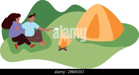 Uomo e donna vicino alla tenda. Campeggio, attività all'aperto e turismo. Stile di vita sportivo, natura e aria fresca. Picnic e data nel parco o nella foresta. Appartamento Illustrazione Vettoriale