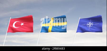 Flags of TURKEY  SWEDEN and NATO with cloudy blue sky background, WAR 3D rendering Stock Photo