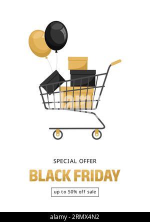 Carrello con scatole nere e dorate, palloncini e tipografia su sfondo bianco. Banner dell'offerta speciale Black friday. Illustrazione del vettore piatto Illustrazione Vettoriale