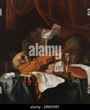 Vanitas natura morta con teschio, violino, citterna, carte da gioco, libri, e un globo tra il 1642 e il 1690 circa di Jacques de Claeuw Foto Stock