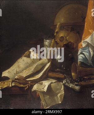 Vanitas natura morta con teschio, sfera di vetro e bandiera 1642 di Jacques de Claeuw Foto Stock