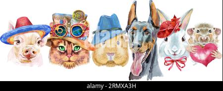 Bordo per animali domestici. Disegno ad acquerello dipinto a mano, isolare la clip art su sfondo bianco. Design banner Foto Stock