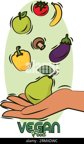 Mani con frutta e verdura diverse cibo vegano stile di vita Vector Illustrazione Vettoriale