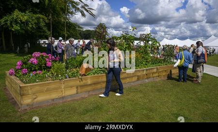 I visitatori potranno ammirare i colorati fiori da giardino - partecipazione al concorso di orticoltura sul letto sopraelevato, RHS Tatton Park Flower Show 2023 Showground, Cheshire, Inghilterra, Regno Unito. Foto Stock