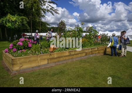 I visitatori potranno ammirare i colorati fiori da giardino - partecipazione al concorso di orticoltura sul letto sopraelevato, RHS Tatton Park Flower Show 2023 Showground, Cheshire, Inghilterra, Regno Unito. Foto Stock