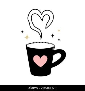 Tazza di tè con vapore acqueo a forma di cuore. Cartolina accogliente. Illustrazione romantica della preparazione. Illustrazione dei cartoni animati, design piatto. Illustrazione Vettoriale