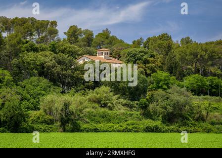 Campi verdi e una casa nella foresta di Santa Eulàlia de Roncana (Vallès Oriental, Barcellona, Catalogna, Spagna) ESP: Campos verdes y una casa Foto Stock