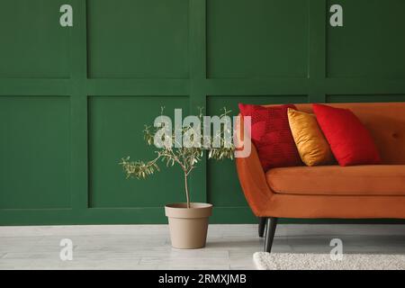 Divano rosso con eleganti cuscini e piante vicino al muro verde Foto Stock