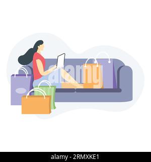 personaggio donna che acquista qualcosa di illustrativo online utilizzabile sia per ios che per il web Illustrazione Vettoriale