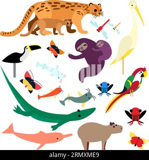 Una collezione di simpatici e colorati animali tropicali per bambini: Tigrillo tropicale trasparente, libellule, airone, tucano, farfalle, bradipi, fis Illustrazione Vettoriale